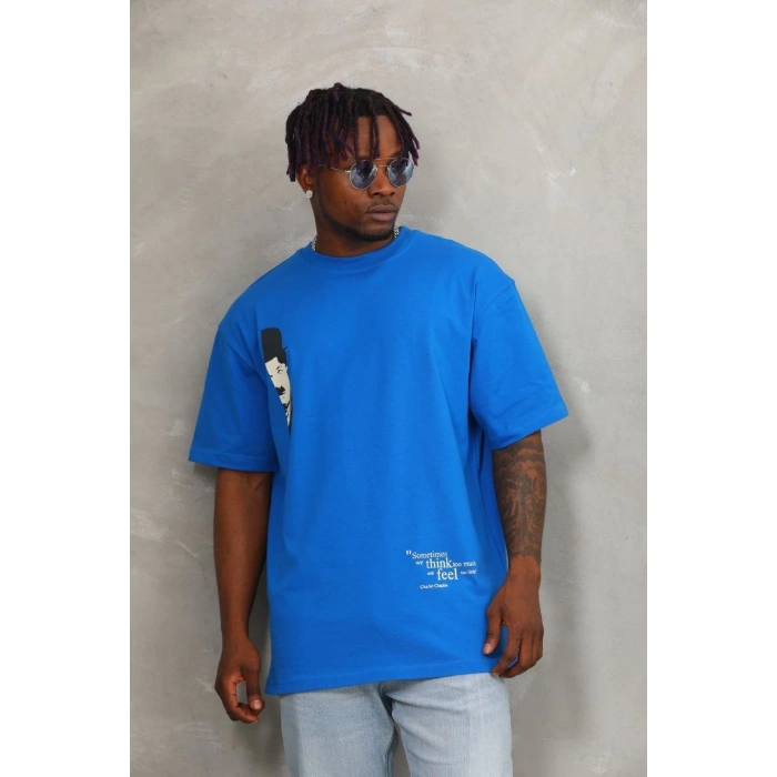 Unisex Oversize Baskılı Bisiklet Yaka T-Shirt - Mavi