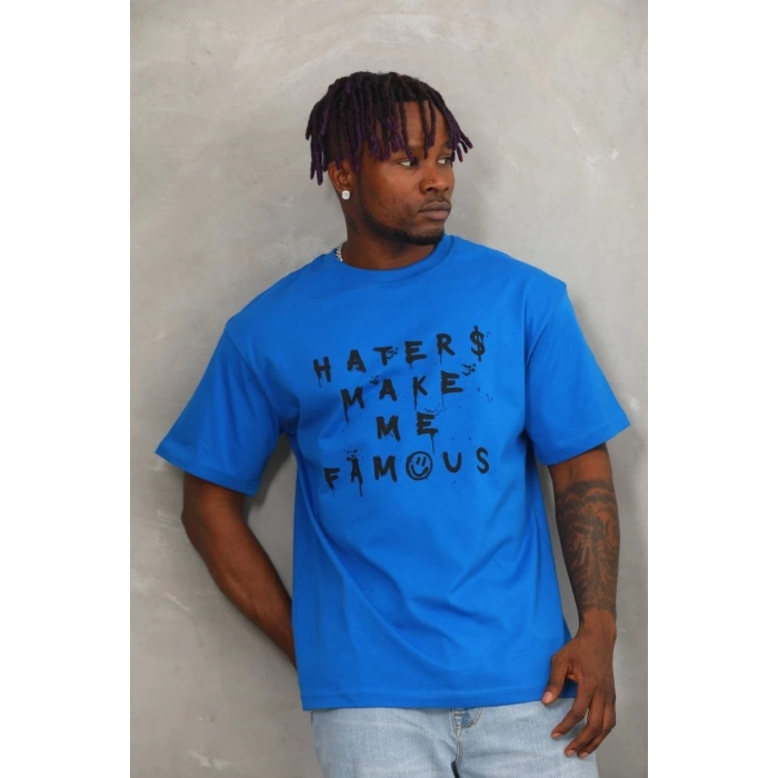 Unisex Oversize Baskılı Bisiklet Yaka T-Shirt - Mavi