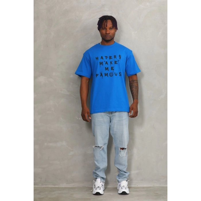 Unisex Oversize Baskılı Bisiklet Yaka T-Shirt - Mavi