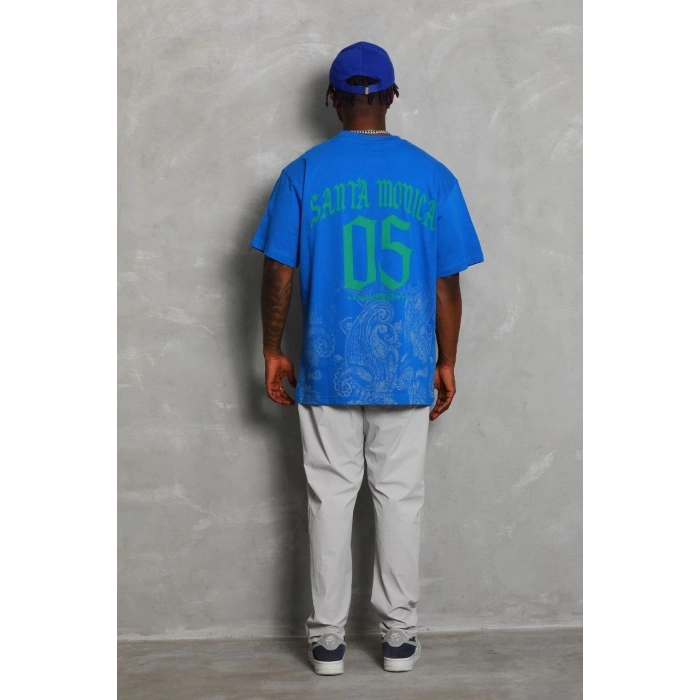 Unisex Oversize Baskılı Bisiklet Yaka T-Shirt - Mavi