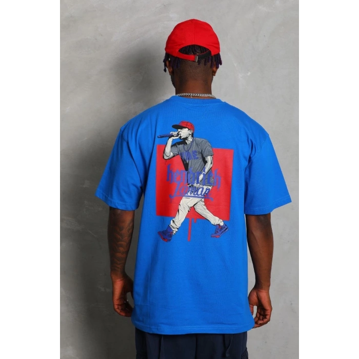 Unisex Oversize Baskılı Bisiklet Yaka T-Shirt - Mavi