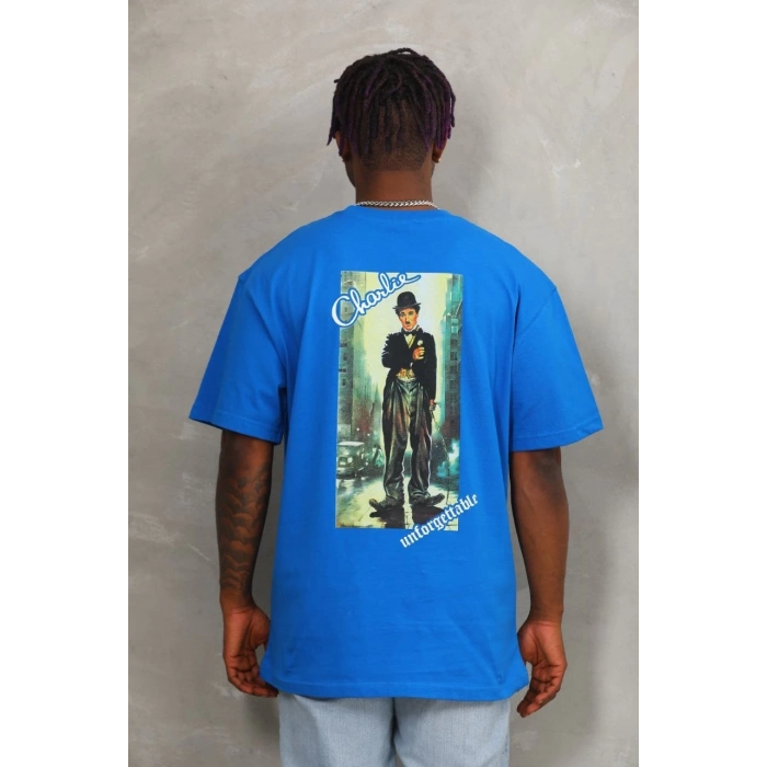 Unisex Oversize Baskılı Bisiklet Yaka T-Shirt - Mavi