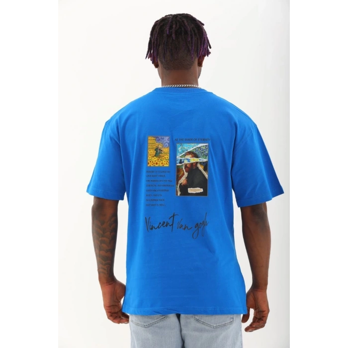 Unisex Oversize Baskılı Bisiklet Yaka T-Shirt - Mavi