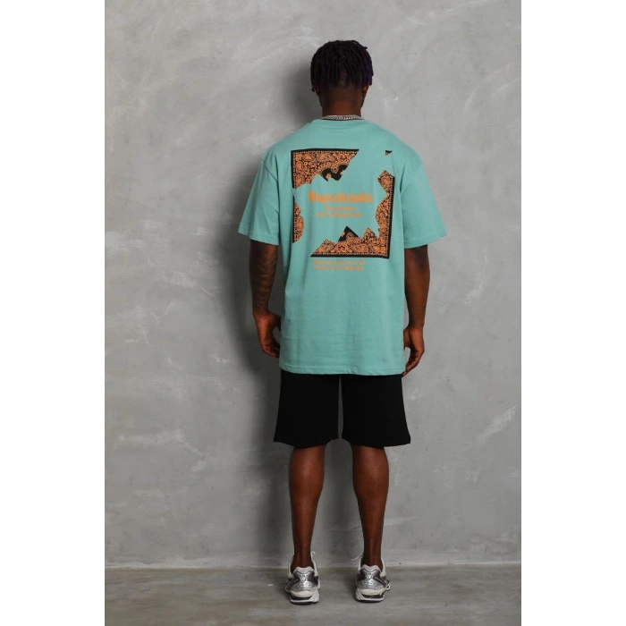 Erkek Baskılı Tişort Kısa Kol Bisiklet Yaka Ovarsize T-Shirt -  Mint Yeşili