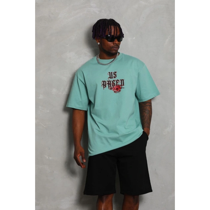 Erkek Baskılı Tişort Kısa Kol Bisiklet Yaka Ovarsize T-Shirt - Mint Yeşili