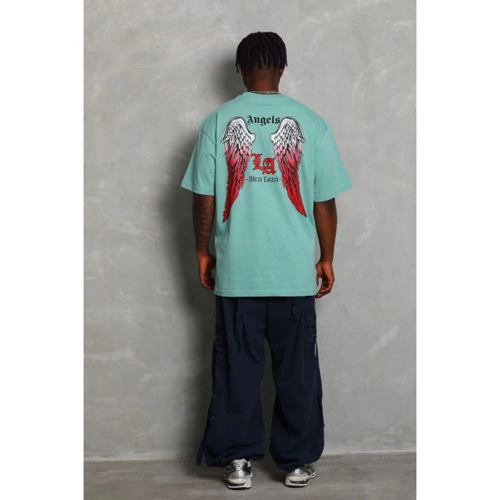 Erkek Baskılı Tişort Kısa Kol Bisiklet Yaka Ovarsize T-Shirt -  Mint Yeşili