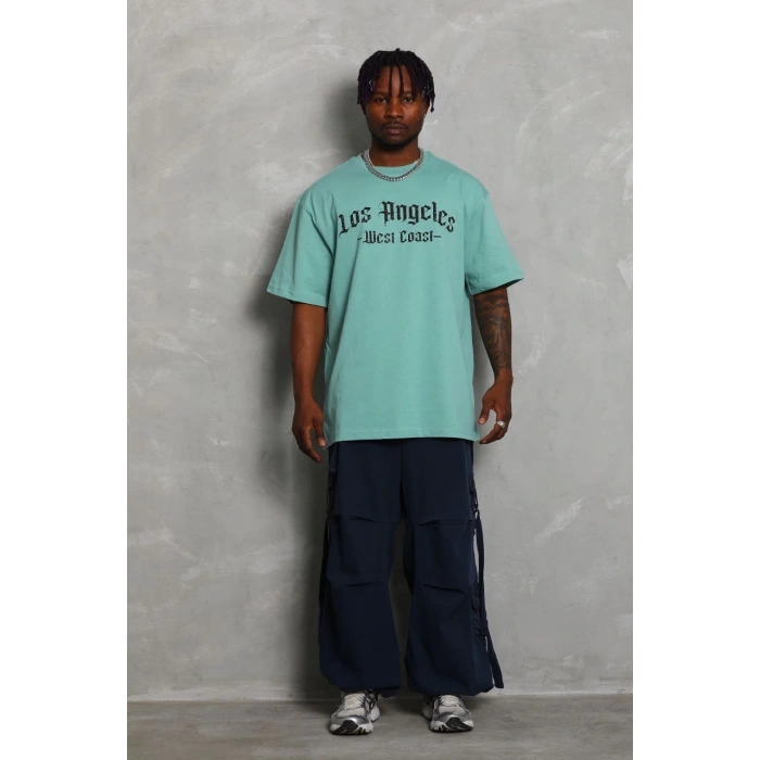 Erkek Baskılı Tişort Kısa Kol Bisiklet Yaka Ovarsize T-Shirt -  Mint Yeşili