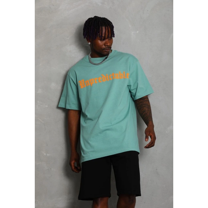 Erkek Baskılı Tişort Kısa Kol Bisiklet Yaka Ovarsize T-Shirt -  Mint Yeşili