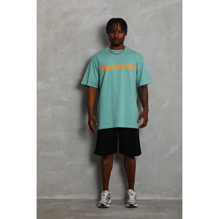 Erkek Baskılı Tişort Kısa Kol Bisiklet Yaka Ovarsize T-Shirt -  Mint Yeşili