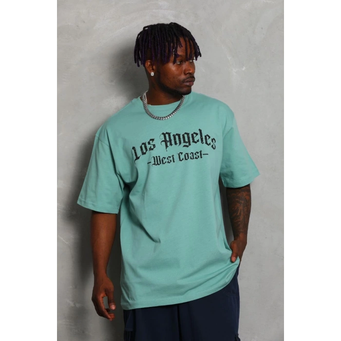 Erkek Baskılı Tişort Kısa Kol Bisiklet Yaka Ovarsize T-Shirt -  Mint Yeşili