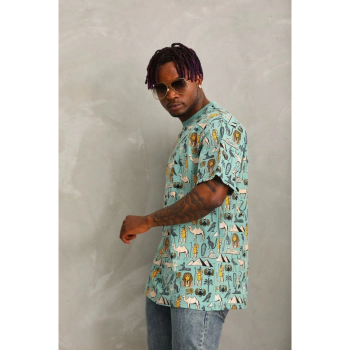 Unisex Oversize Baskılı Bisiklet Yaka T-Shirt - Mint Yeşili