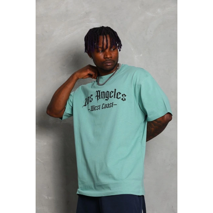 Erkek Baskılı Tişort Kısa Kol Bisiklet Yaka Ovarsize T-Shirt -  Mint Yeşili