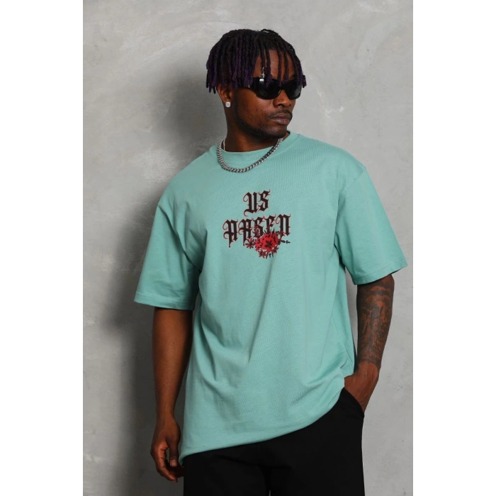 Erkek Baskılı Tişort Kısa Kol Bisiklet Yaka Ovarsize T-Shirt - Mint Yeşili