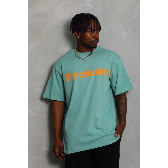 Erkek Baskılı Tişort Kısa Kol Bisiklet Yaka Ovarsize T-Shirt -  Mint Yeşili