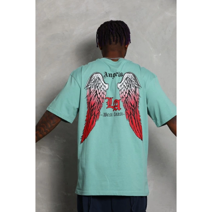 Erkek Baskılı Tişort Kısa Kol Bisiklet Yaka Ovarsize T-Shirt -  Mint Yeşili