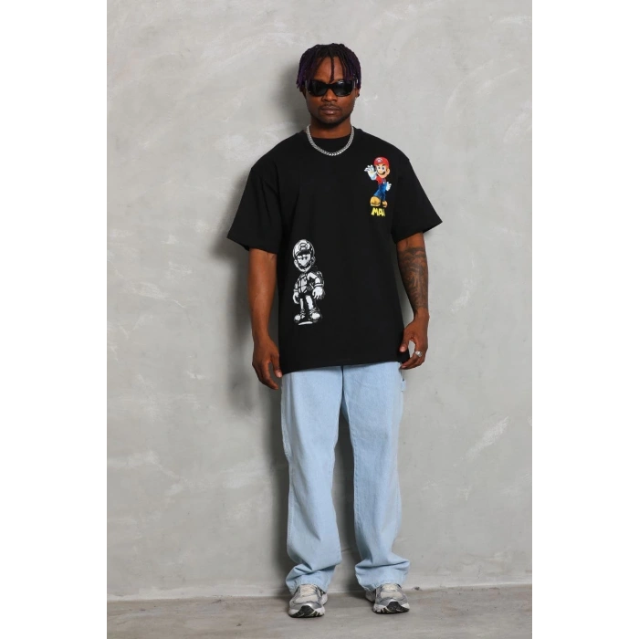 Unisex Oversize Baskılı Bisiklet Yaka T-Shirt - Siyah