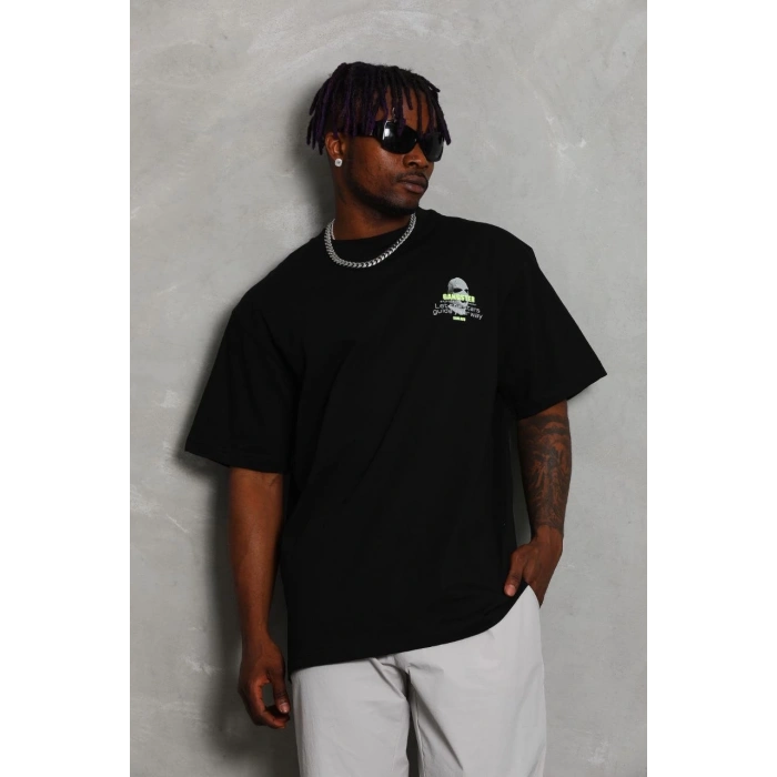 Unisex Oversize Baskılı Bisiklet Yaka T-Shirt - Siyah