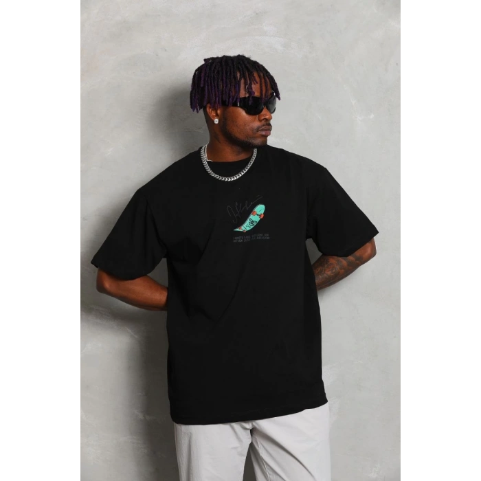 Unisex Oversize Baskılı Bisiklet Yaka T-Shirt - Siyah