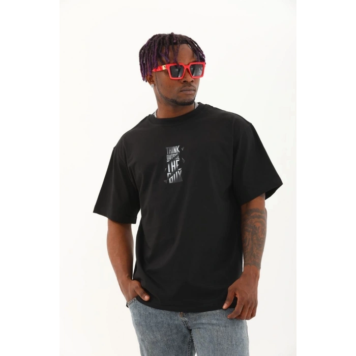 Unisex Oversize Baskılı Bisiklet Yaka T-Shirt - Siyah