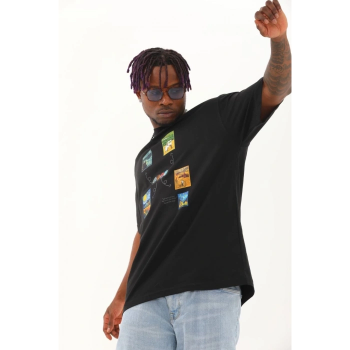 Unisex Oversize Baskılı Bisiklet Yaka T-Shirt - Siyah