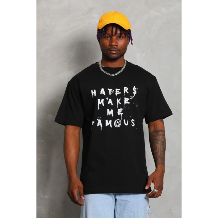 Unisex Oversize Baskılı Bisiklet Yaka T-Shirt - Siyah