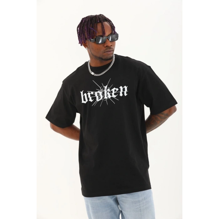 Unisex Oversize Baskılı Bisiklet Yaka T-Shirt - Siyah