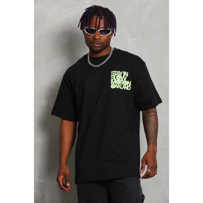 Unisex Oversize Baskılı Bisiklet Yaka T-Shirt - Siyah