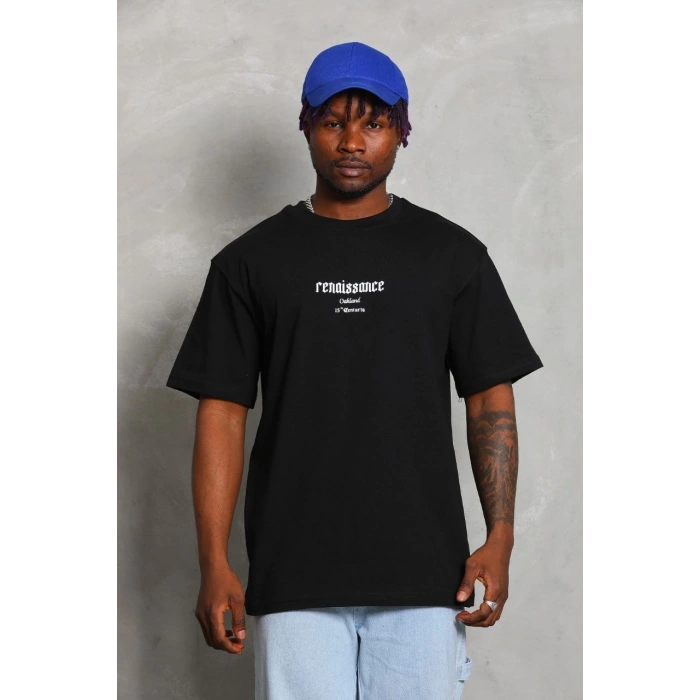 Unisex Oversize Baskılı Bisiklet Yaka T-Shirt - Siyah