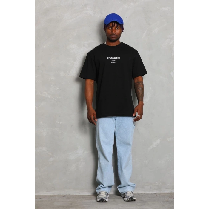 Unisex Oversize Baskılı Bisiklet Yaka T-Shirt - Siyah