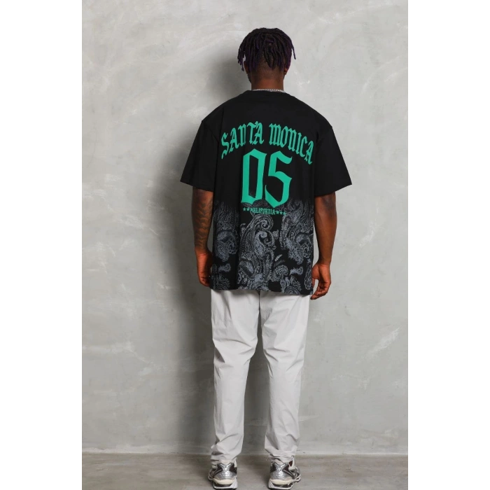 Unisex Oversize Baskılı Bisiklet Yaka T-Shirt - Siyah