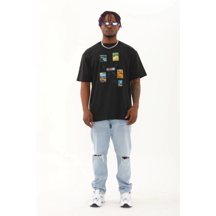 Unisex Oversize Baskılı Bisiklet Yaka T-Shirt - Siyah