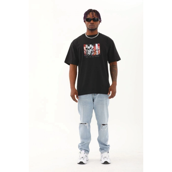 Unisex Oversize Baskılı Bisiklet Yaka T-Shirt - Siyah