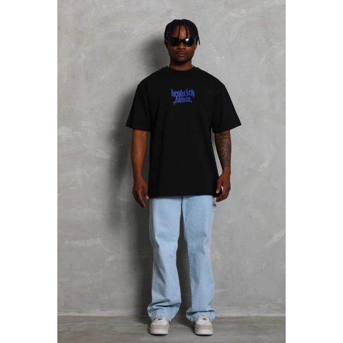 Unisex Oversize Baskılı Bisiklet Yaka T-Shirt - Siyah