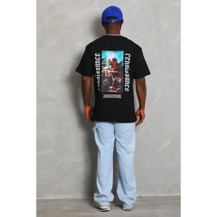 Unisex Oversize Baskılı Bisiklet Yaka T-Shirt - Siyah