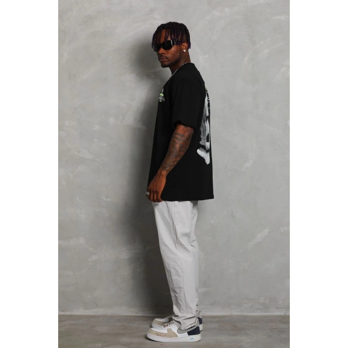 Unisex Oversize Baskılı Bisiklet Yaka T-Shirt - Siyah