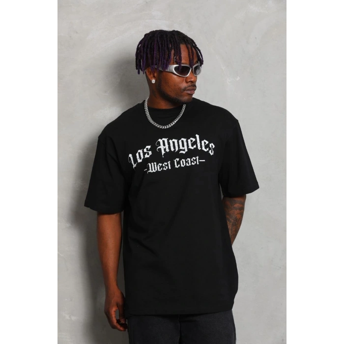 Unisex Oversize Baskılı Bisiklet Yaka T-Shirt - Siyah