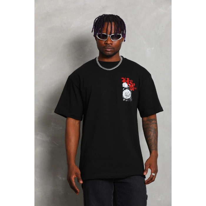 Unisex Oversize Baskılı Bisiklet Yaka T-Shirt - Siyah