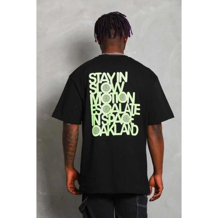 Unisex Oversize Baskılı Bisiklet Yaka T-Shirt - Siyah