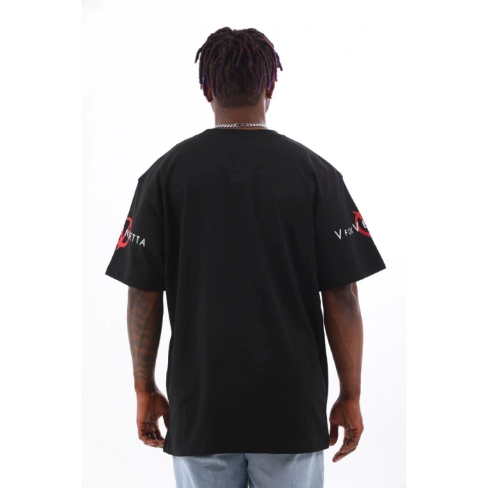 Unisex Oversize Baskılı Bisiklet Yaka T-Shirt - Siyah