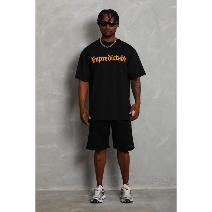 Unisex Oversize Baskılı Bisiklet Yaka T-Shirt - Siyah