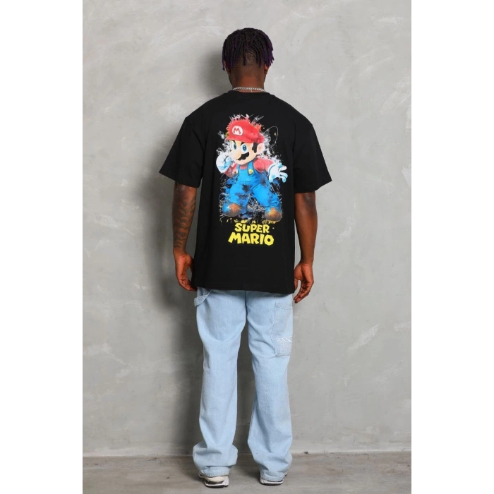 Unisex Oversize Baskılı Bisiklet Yaka T-Shirt - Siyah