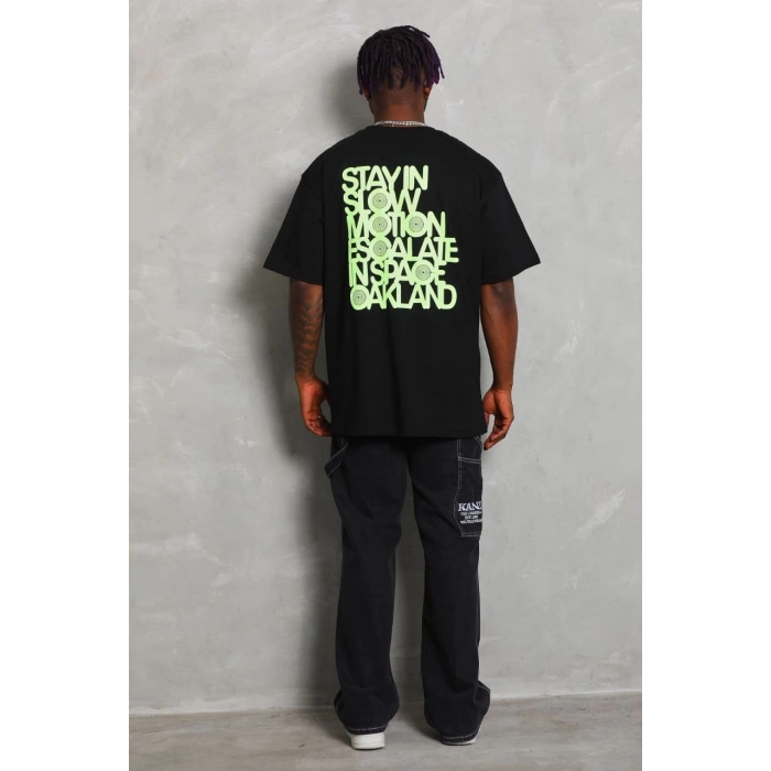 Unisex Oversize Baskılı Bisiklet Yaka T-Shirt - Siyah