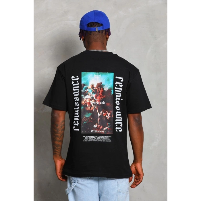 Unisex Oversize Baskılı Bisiklet Yaka T-Shirt - Siyah