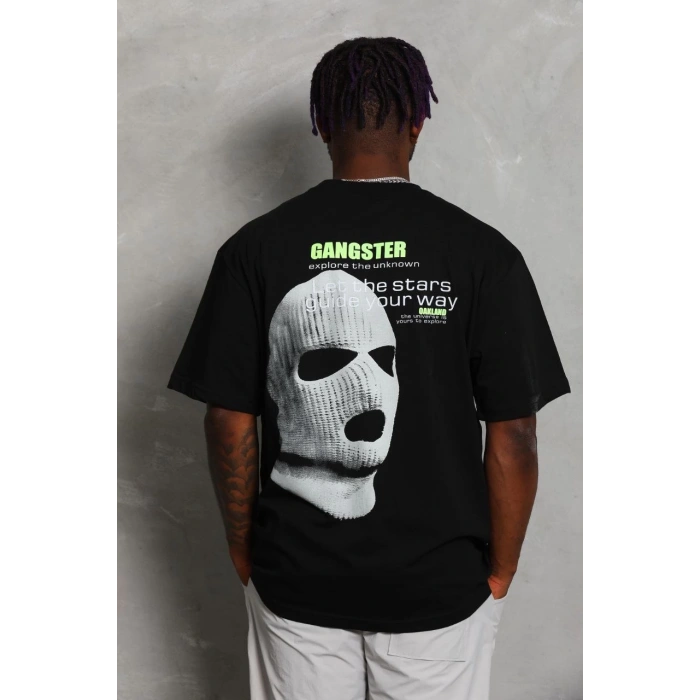 Unisex Oversize Baskılı Bisiklet Yaka T-Shirt - Siyah