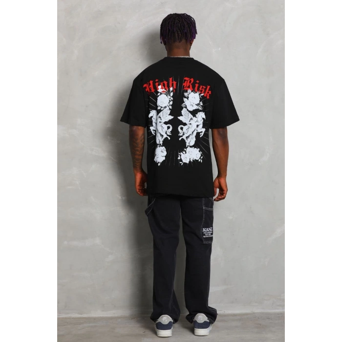 Unisex Oversize Baskılı Bisiklet Yaka T-Shirt - Siyah