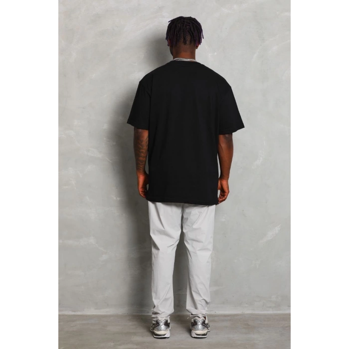 Unisex Oversize Düz Bisiklet Yaka T-Shirt - Siyah