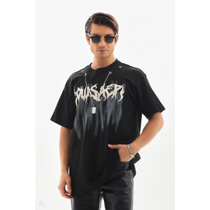 Unisex Oversize Kolye Dahil T-Shirt - Siyah