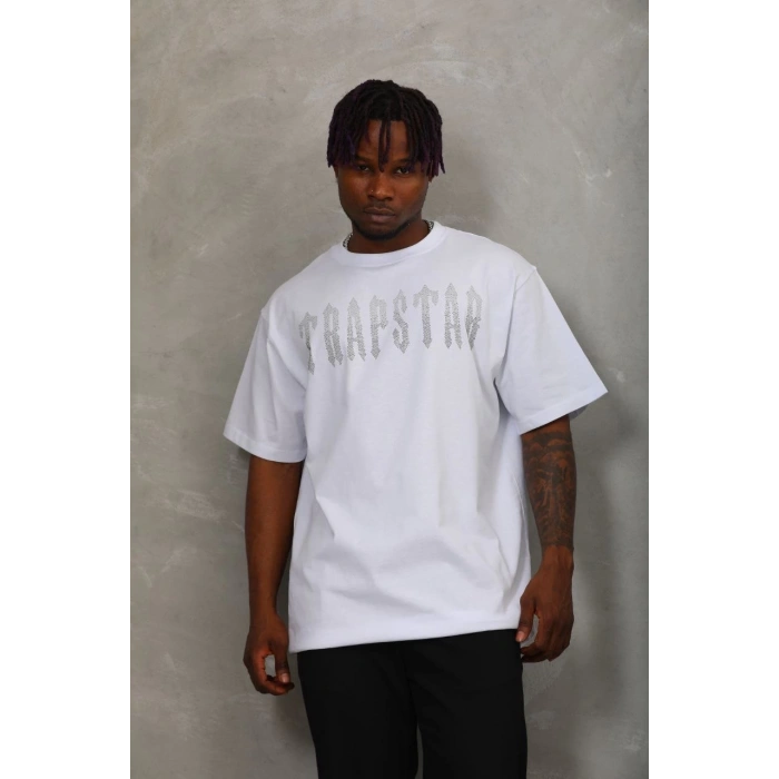 Unisex Oversize Taşlı Bisiklet Yaka T-Shirt - Beyaz