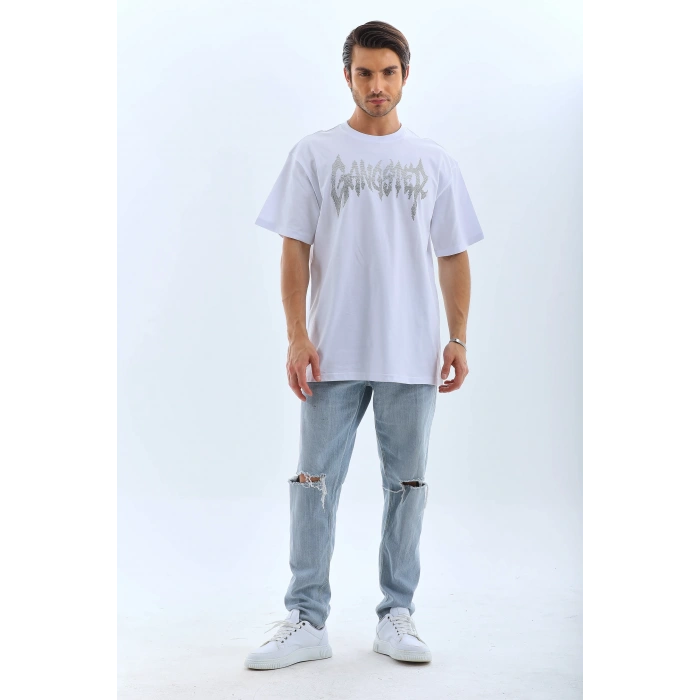 Unisex Oversize Taşlı Bisiklet Yaka T-Shirt - Beyaz