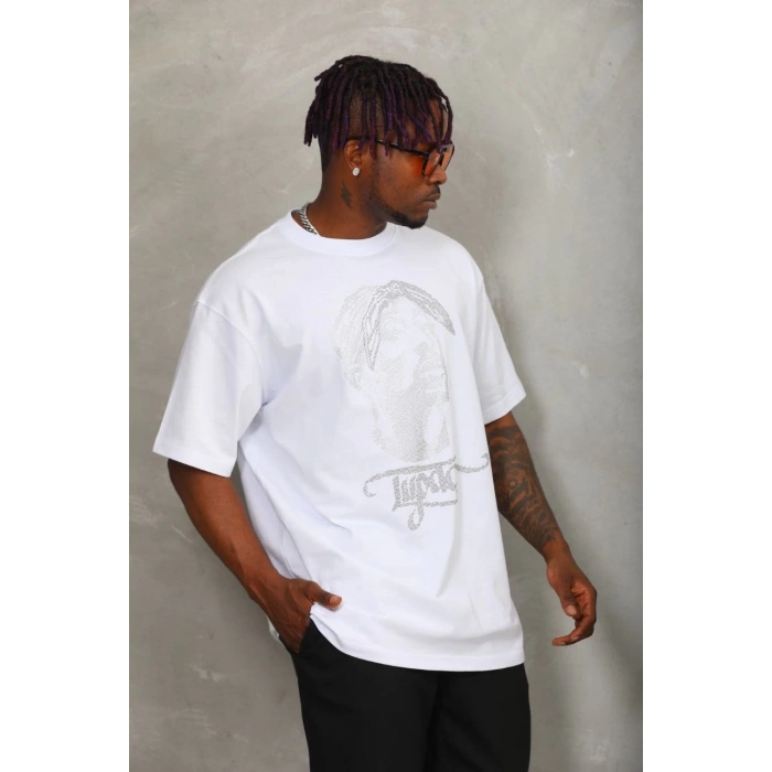 Unisex Oversize Taşlı Bisiklet Yaka T-Shirt - Beyaz